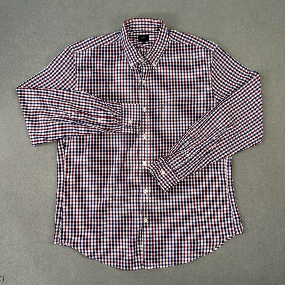 J.Crew Men's XL Gingham Plaid Button Down Shirt Burgundy Navy Blue Cotton L/S